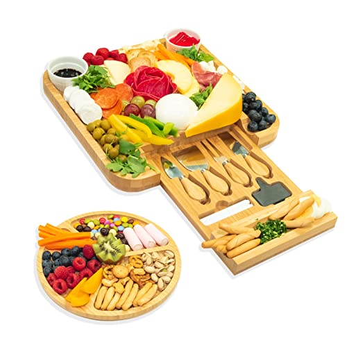 AYEEKO Bamboo Cheese Board & Knife Set, Wooden Charcuterie Board & Tray, House Warming Gift for Holidays, Birthdays, Bridal Showers, Anniversaries & Weddings