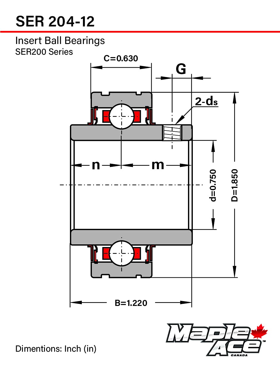 MAPLE ACE SER204-12, ER12 Insert Bearing 3/4" Bore, Cylindrical OD with Snap Ring and Set Screws (Qty 4)
