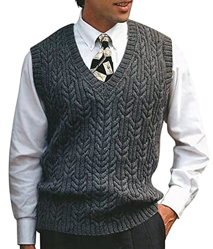 ORANDESIGNE Pull Homme sans Manches Col en V Tricot Sweat Tricoté Chaud Gilet Hiver Pullover Classique Décontracté Knit Sweater Jumper Débardeur Vest Chandail Gris Foncé XL