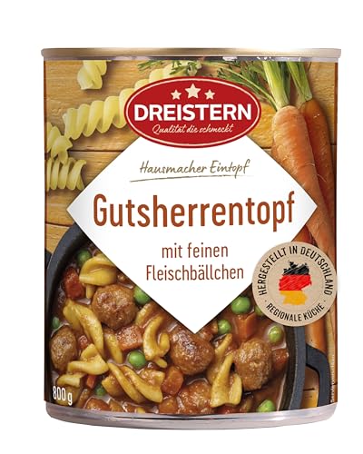 DREISTERN Gutsherrentopf 800g I Mit Fleischbällchen & Gemüse I Herzhafter Eintopf in recyclebarer Konservendose I Lange Haltbarkeit dank natürlicher Konservierung I Hausmacher Qualität