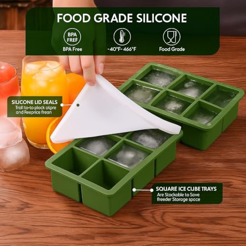 Image of 2PECK Silicone Ice Cube Tray with Lid, Large 6-Cavity Square Ice Cube Moulds for Freezer, Easy Release & Stackable Ice Trays for Whiskey, Cocktails, Beverages, Coffee & Home Bar. (Green)