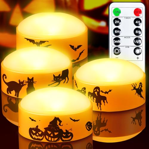 Image of 4 Pack Halloween LED Pumpkin Lights with Remote Control and Timer, Battery Operated Flameless Flickering Jack-o'-Lantern, Outdoor Electric Orange Candle Light for Halloween Pumpkins Decorations