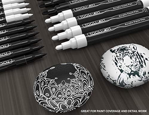 21 Black And White Acrylic Paint Pens Markers Set 0.7mm Extra Fine And 3.0mm Medium Tip For Rock Painting, Canvas,Mugs, Metal, Fabric, Wood, Scrapbooking,Most Surfaces. Non Toxic, Quick Dry,Waterbased