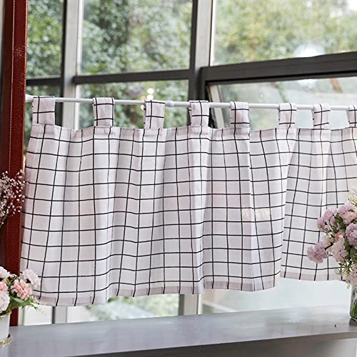 Cortina corta para ventana tipo visillo escocés blanco y negro con correa de barra 6