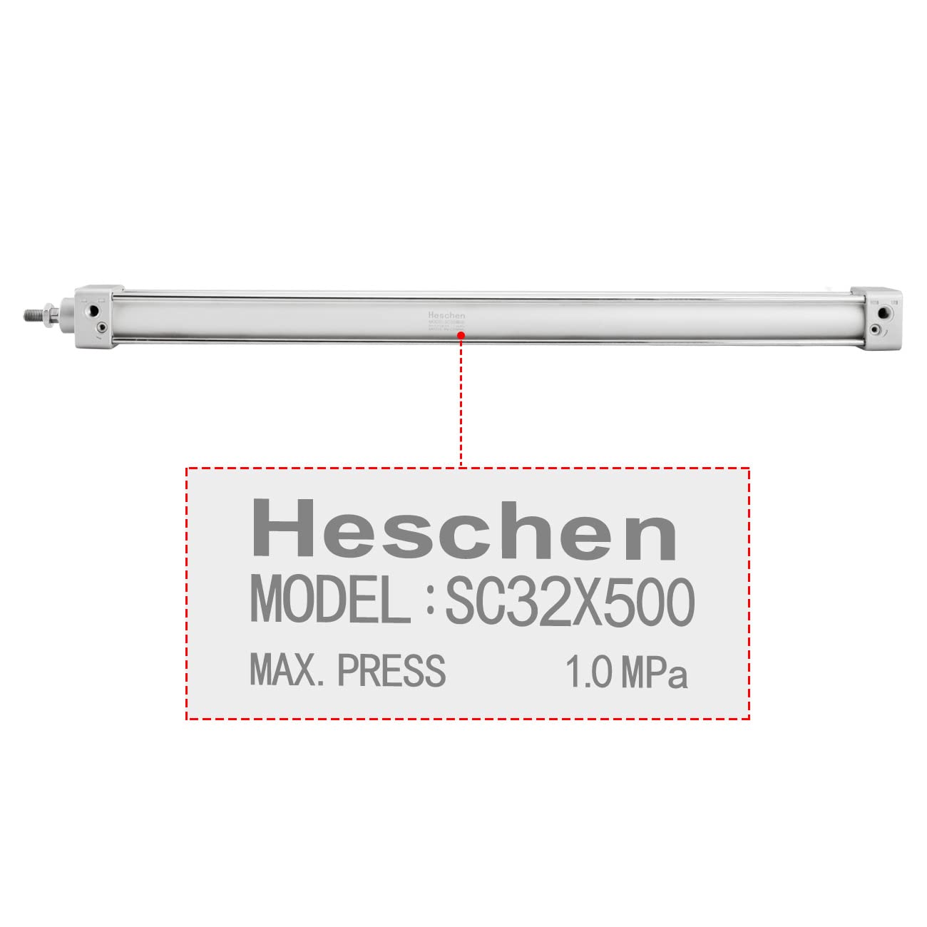 Heschen Cilindro neumático estándar, SC 32-500, PT1/8'' Puerto, 32mm diámetro, 500mm Carrera, Doble Efecto