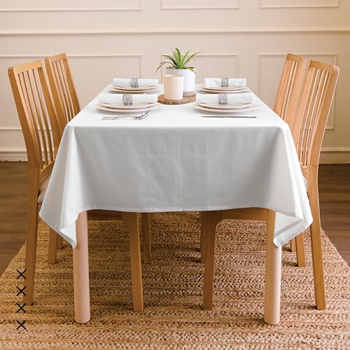 Image of Encasa XO Dining Table Cover Cloth for 4 to 6 Seater | 140x180 cm Cotton Canvas Rectangular Table Cloth | Machine Washable Tablecloth for Indoor & Outdoor Use - White Solid Color