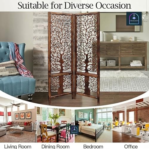Image of Wooden Room Partition /Screen /Room Divider /Room Separator Traditional Handicrafts 6Ft (Dark Brown) (Tree 2 Panel)