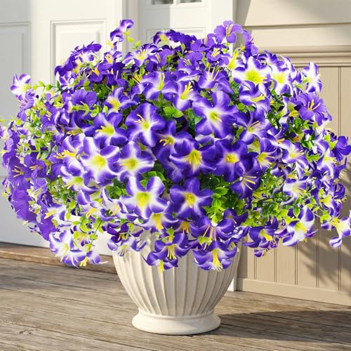 Daynight 16 Pcs Faux Petunias Artificial Flowers for Outdoors UV Resistant Fake Purple Petunias Plants Realistic Silk Flowers for Porch Front Door Garden Window Outside Decor (16 Purple)