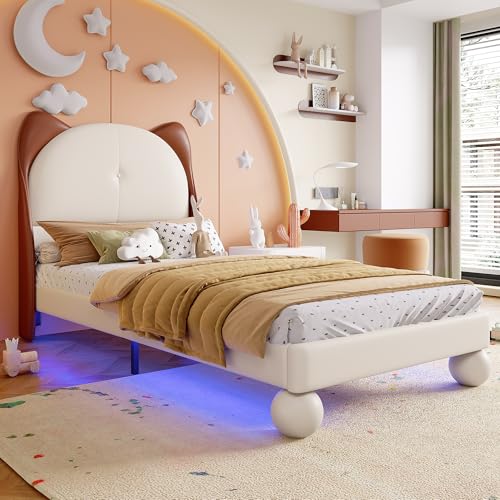 Merax Cama infantil tapizada LED de 90 x 200 cm, cama individual para niña con cabecero de orejas de gato y luz LED debajo de la cama, cama juvenil con somier, poliuretano, beige + marrón amarillo