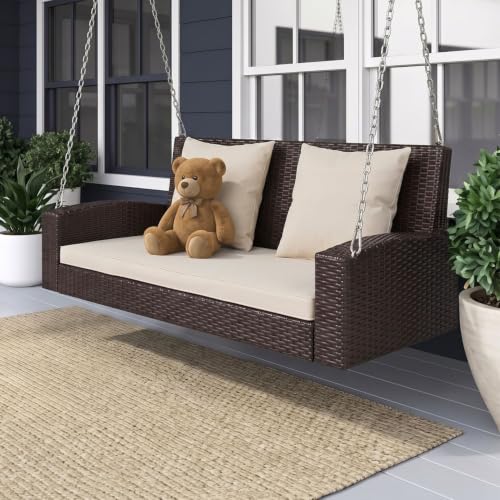 Image of DEVOKO All Weather Resistant Rattan Wicker Double Seater Sofa Swing with Cushions for Garden, Poolside, Terrace, Balcony (Dark Brown & Cream)