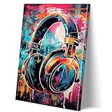 KDKJTOP Colorful Headphone Picture,Music Themed Wall Art,Graffiti Headphone Canvas Wall Art 12x16in/30x40cm Colorful Music Wall Art for Music Room Game Room Decor Framed Ready to Hang