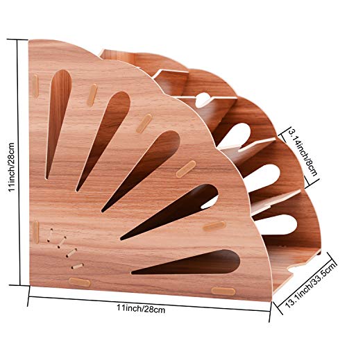 File Sorter Wood Organizer 5 Compartment, Buckle Design Desktop Fan-Shaped Mail Letter Document Magazine File Folder Holder Wood File Assembly Divider DIY Office Tabletop Basket Storage Box, Brown - Thumbnail 3
