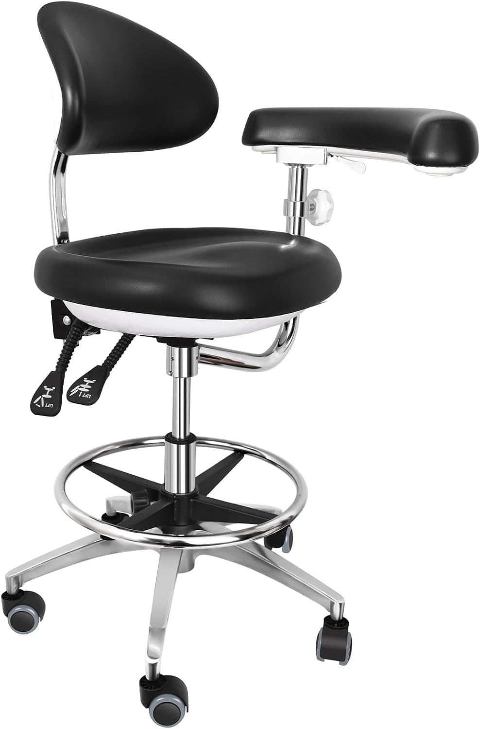 Dental Stool Dentist Chair with 360 Degree Rotation Armrest Height Adjustable Doctor Chair Black PU Leather Assistant Stool