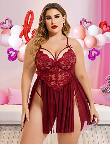 Image of Avidlove Plus Size Lingerie Lace Babydoll Womens Strap Chemise Nightgown V Neck Nighty Mesh Sleepwear Side Slit Nightdress