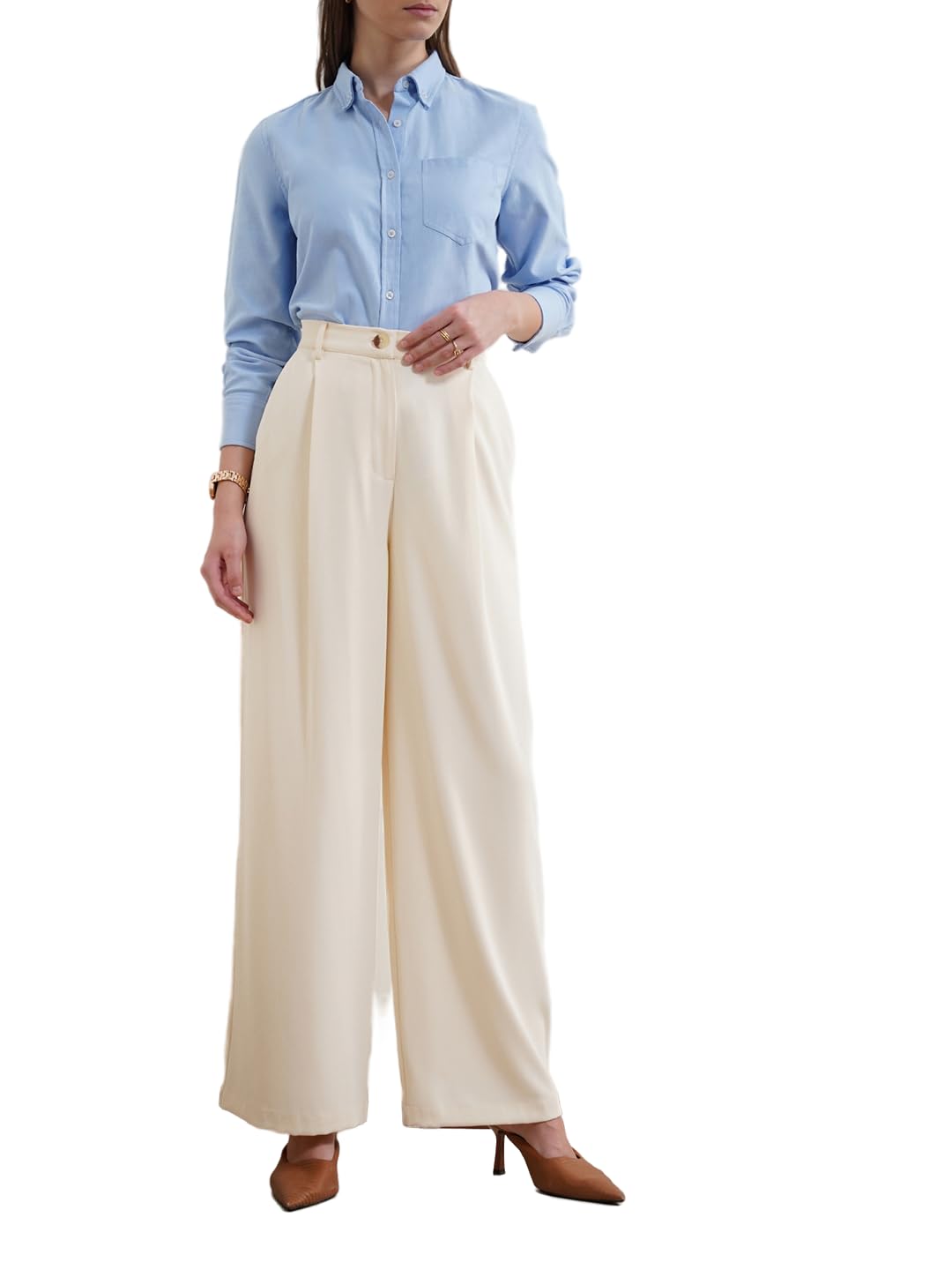 fablestreet Women Trousers Formal | Wide Leg Double Pleated Front Permanent Crease Korean Style | Woven Plain Weave Fabric for Office Wear & Professional Meetings-picture-37