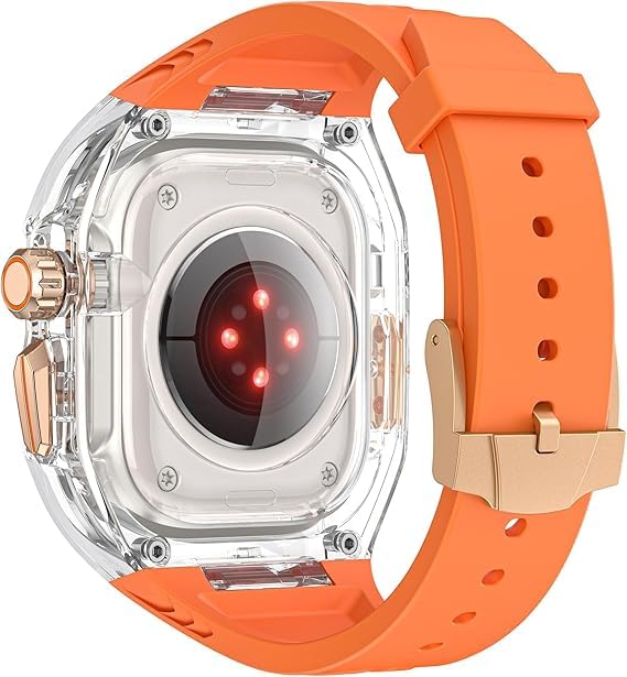 Image of AUGEN Luxury Transparent Apple Watch Modification Kit Compatible with Series 9 /8 /7 (45mm) & SE2 /6 /SE /5 /4 (44mm) | Premium Fluororubber Strap Band with Transparent Protective Case for Men & Women (Upgrade Mod Kit) (Orange 2)
