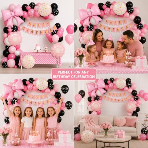 Image of 56 Pcs Pink Birthday Decoration Kit for Girls | Bow, Flower & Polka Dot Foil Balloons, Happy Birthday Banner | Bday Party Decoration Supplies