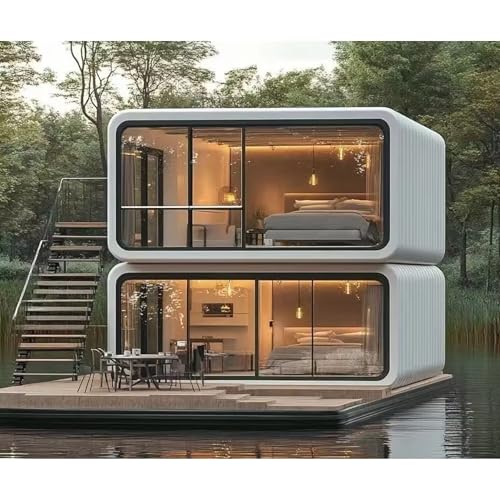 Moderna cabina Apple de doble capa Tiny Home–Casa modular prefabricada de lujo con vista panorámica | Cápsula de vidrio expandible de 2 pisos para patio trasero, oficina, alquiler de vacaciones, suite