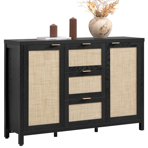 Image of SICOTAS Rattan Sideboard Buffet Cabinet with 3 Drawers, Storage Cabinet | 52 Inch Farmhouse Boho Credenza Coffee Bar Cabinet with Large Storage, Console Table for Living Room, Kitchen