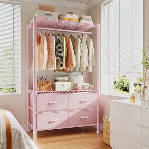 Image of Raybee Clothes Rack with Drawers, 35 inch W Pink Clothing Rack Load 450LBS for Bedroom Apartment Dorm, Heavy Duty Metal Portable Closet with Adjustable Shelves, Multi-Function, Easy Assembly