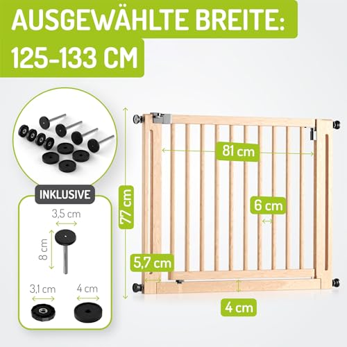 BOMI Treppenschutzgitter PEFC geprüftes Buchenholz | Ohne Bohren |zum Klemmen | Einfache Babygitter Montage Holz | Tür-Gitter | Treppen-Gitter Baby Kleinkind Hunde | Breite: 125-133 cm