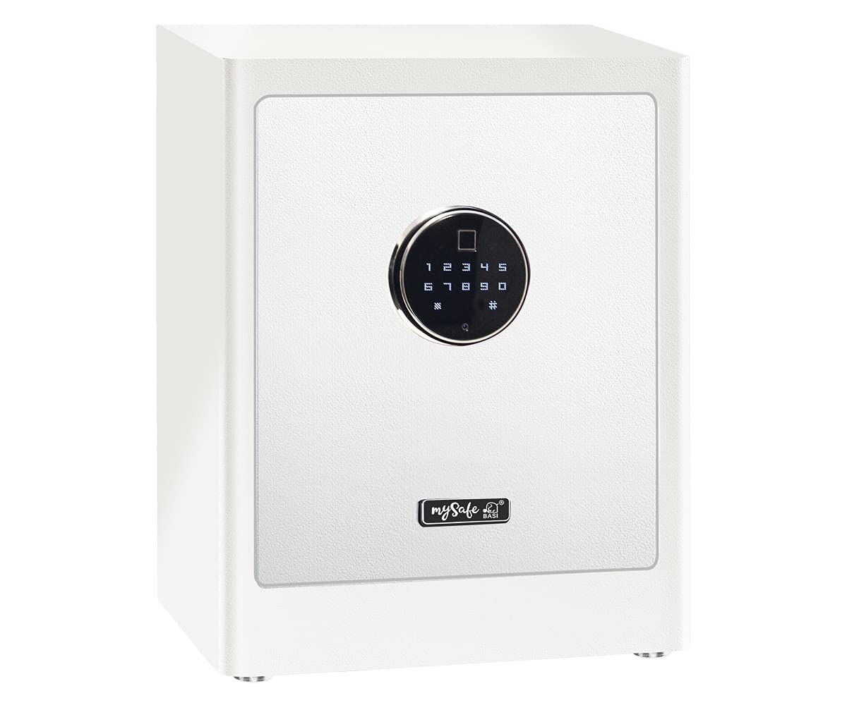 Caja fuerte electrónica para armario mySafe Premium 450, código numérico y escáner de dedos, diseño moderno, alta seguridad, color blanco