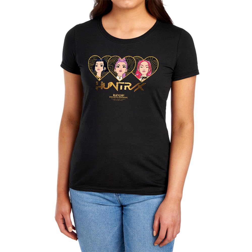 Kpop Demon Hunters Huntrix Golden Hearts Womens T-Shirt, Black, S