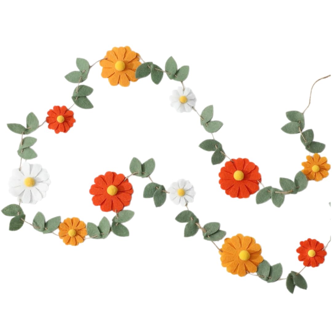 Felt Sunflower and Daisy Garland, Orange and Yellow Floral Banner with Green Leaves, 2M, Autumn Wedding Birthday Thanksgiving Wall Decor (Orange)