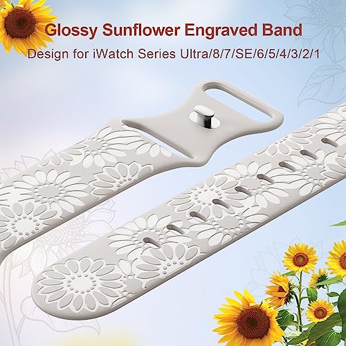 Image of Sunflower Engraved Band Compatible with Apple Watch Bands 38mm 40mm 41mm 42mm 44mm 45mm 49mm Women, Designer Soft Glossy Floral Silicone Strap for iWatch Series Ultra 11 10 9 8 7 6 SE 5 4 3 2 1