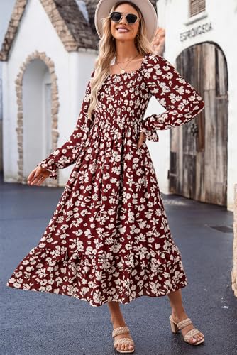 Image of Dokotoo Boho Dresses for Women 2025 Casual Floral Square Neck Long Sleeve Smocked Elastic Waist Tiered Ruffle Hem Maxi Dress