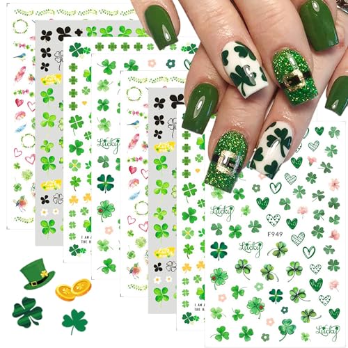 8 Sheets St Patrick’s Day Nail Art Stickers 3D Self- Adhesive Shamrock Nail Decals Green Clover Hat Letters Nail Art Design St Patricks Day Nail Decorations Irish Nail Stickers for Women Acrylic Nails