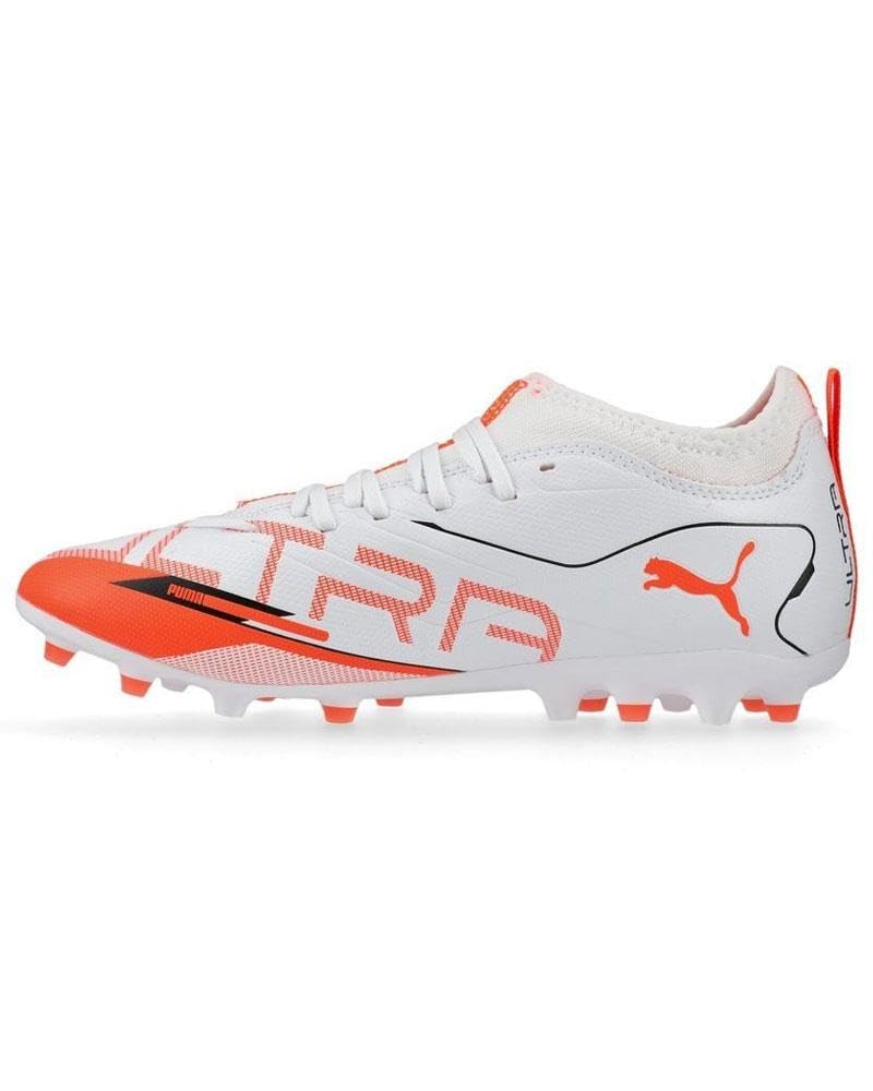 Puma - Ultra 5 Match MG JR, Zapatillas de fútbol Unisexo, Puma White-Puma Black-Glowing Red,