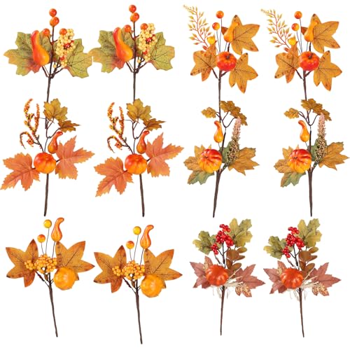 Lcuasc 12pcs Fall Floral Picks 7.5-9.5 Autumn Pumpkin Berry Picks Maple Leaves Stems Artificial Fall Flower for Harvest Halloween Thanksgiving Christmas DIY Table Centerpiece Farmhouse Home Decor