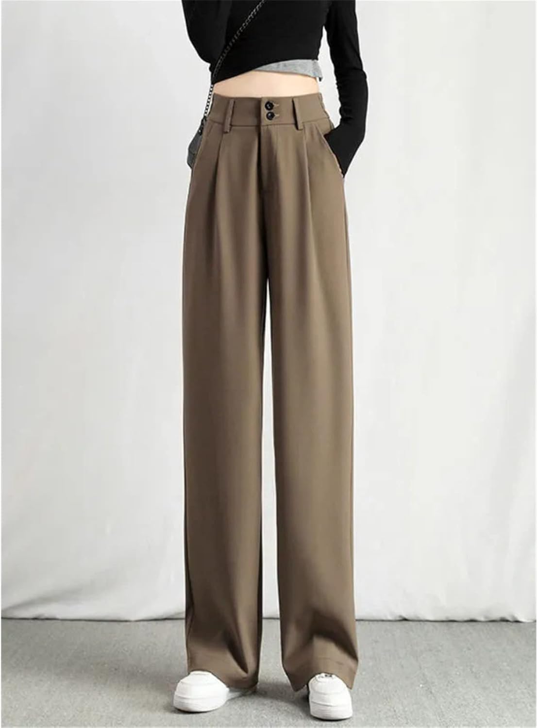Kelsiop Wide-Leg Pants Women's Fashion Straight-Leg Pants Trousers Office Workers Solid Color High-Waisted Pants