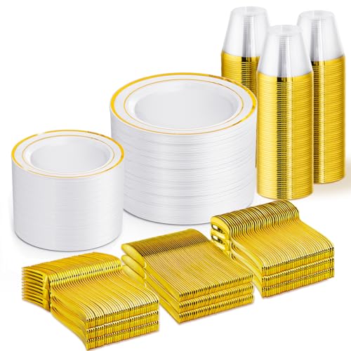 100 Guest Disposable Dinnerware Set: Perfect for Parties and Events 9 WELLIFE 600 PCS Gold Disposable Dinnerware Set for 100 Guests, Gold and White Plastic Plates for Party, 100 Each-Dinner & Salad Plates, Cups, Forks Knives Spoons for Wedding and Party