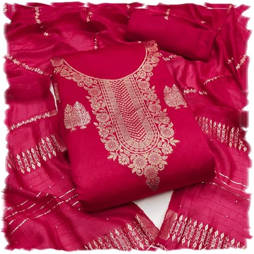 Image of Sidhidata Women's Dyable Banarasi Jacquard Unstitched Salwar Suit Dress Material With Mini Sequence Work Dupatta (DM Ikka Free Size)
