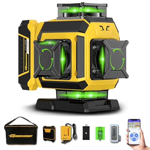 GOBEHOOP 16 Lines 4D Self-Leveling Green Beam Laser Level, 4x360° Adjustable Brightness Cross Line, Bluetooth Remote Control, Pulse Mode, Digital Display, Rotary Window, Durable & High Accuracy