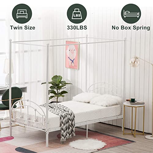 Bonnlo White Canopy Bed Frame Twin Four Poster Bed with Detachable