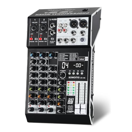 Audio-Mixer 4-Kanal Professionelles Soundmischpult mit 99DSP-Effekten, Kompaktes DJ-Mischpult mit USB, Bluetooth, 48V Phantomspeisung und PAD-Taste für Aufnahme, Karaoke, PA, Schlagzeug und Live-Musik