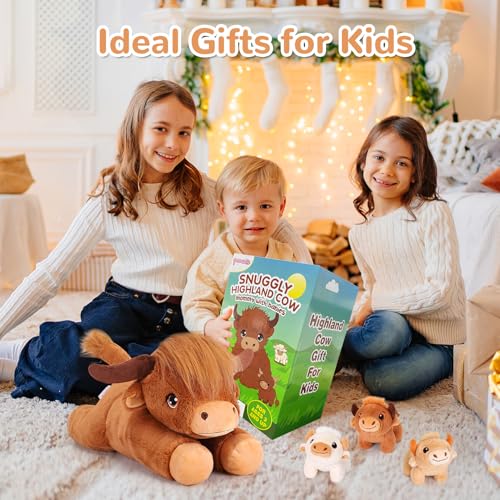 Image of 4 Pieces Highland Cow Stuffed Animals - 1 Mommy Stuffed Highland Cow with 3 Babies - Brown Cow Gifts for Girls Age 3-8, Cows Plush Toys for Christmas, Valentine's, Birthday Gifts (Brown)