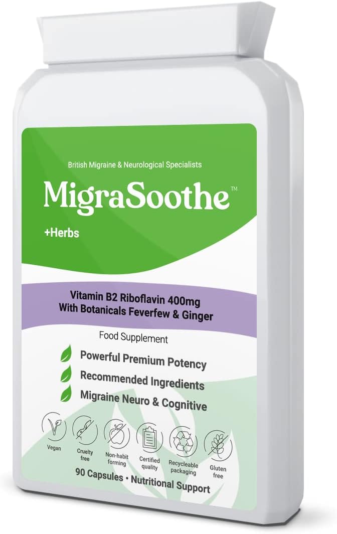 Migraine Relief Feverfew + Ginger + Vitamin B2 Riboflavin 400mg per Capsule