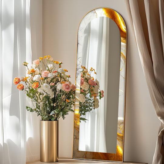 Specchio da pavimento astratto a lunghezza intera, 50 x 160 cm (larghezza x altezza), effetto marmo bianco, specchio da pavimento con cornice nera e cornice nera