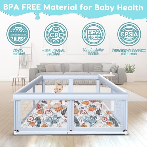 Image of Fshibila 65 inch x50 inch Large Baby Playpen with Mat, Baby Playard for Babies and Toddlers, Play Pens for Indoor & Outdoor, Sturdy Safety Play Yard with Soft Breathable Mesh, Anti-Fall, Grey