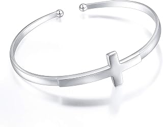 Sterling Silver Sideways Cross Bangle Faith Hope Love Cross Bangle Engraved Bracelet Love Heart Circle Bangle Bracelets for Women Sister Girlfriend Gift
