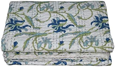 YUVANCRAFTS Indian Kantha Quilt Floral Screen Print White Gudri Blanket Bedspreads Throw
