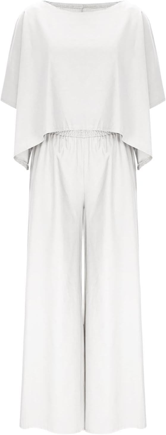 HGps8w Womens Cotton Linen 2 Piece Outfits Loose Crop Batwing Shirt and Wide Leg Pants Plus Size Trendy Lounge Vacation Sets