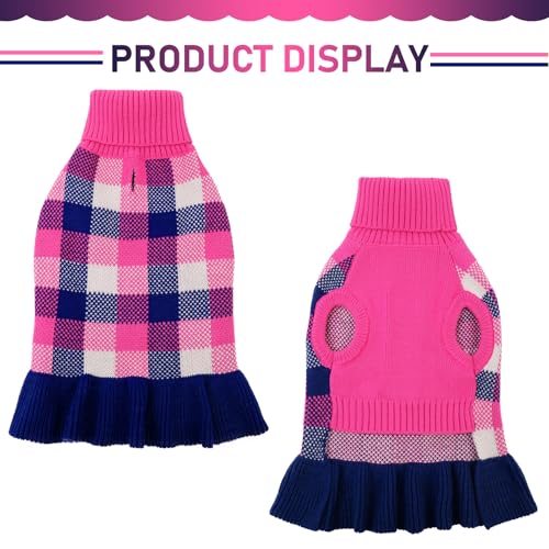 Image of Dog Sweater Dress Plaid Knitwear for Small Medium Dogs Warm Puppy Pet Turtleneck Stretch Pullover Cute Fall Winter Vest Clothes with Leash Hole for Christmas (Navy, XS)