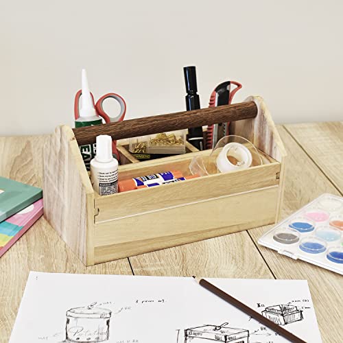 Image of Ikee Design Small Natural Wood Color Wooden Craft Tool Box Caddy with a Handle for Storage Tool, Makeup, Collections with 5 Compartments for Storage and Organizing, 10 W x 5.1 D x 3.5 H in