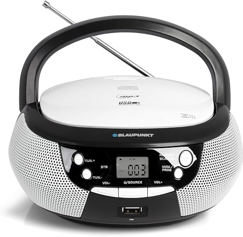 Blaupunkt B 4 PLL Boombox, CD-Spieler mit UKW PLL Radio, CD-Player für Kinder, USB-Anschluss, AUX IN, Stereo-Lautsprecher, Netz- und Batteriebetrieb, 2 x 1,3 Watt RMS, Musikbox in Schwarz