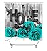 Camille&Andrew 4PCS Teal Rose Shower Curtain Set, Turquoise Flower Romantic Floral Black and White Barnwood Country Rustic Farmhouse Bathroom Decor, Waterproof Fabric Shower Curtain, Non-slip Bath Mat